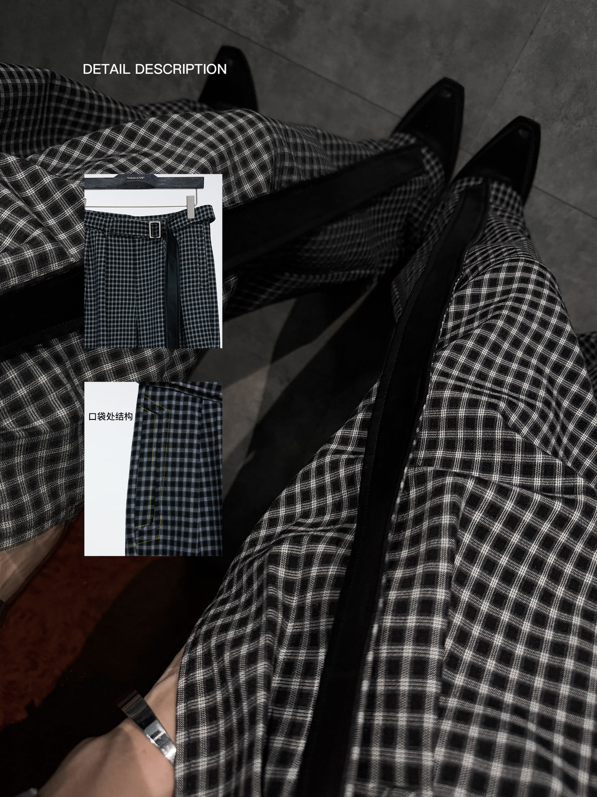Plaid Pleats Adjustable Strap Wide Leg Trousers WN27047