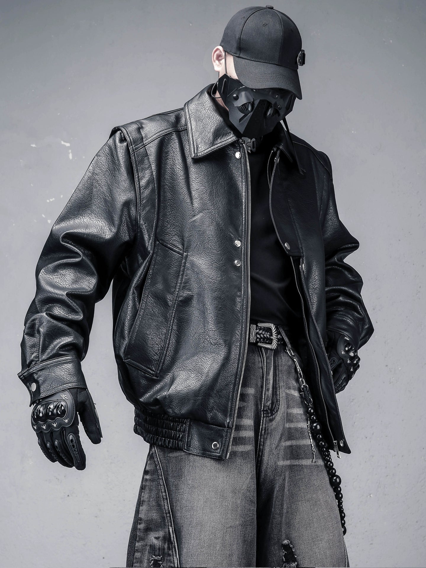 Lapel PU Leather Zipper Jacket WN22325