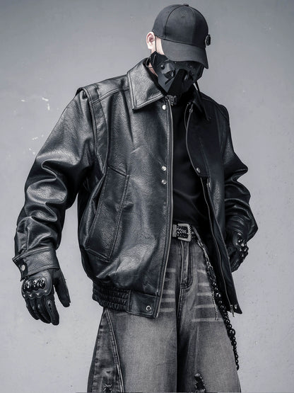 Lapel PU Leather Zipper Jacket WN22325