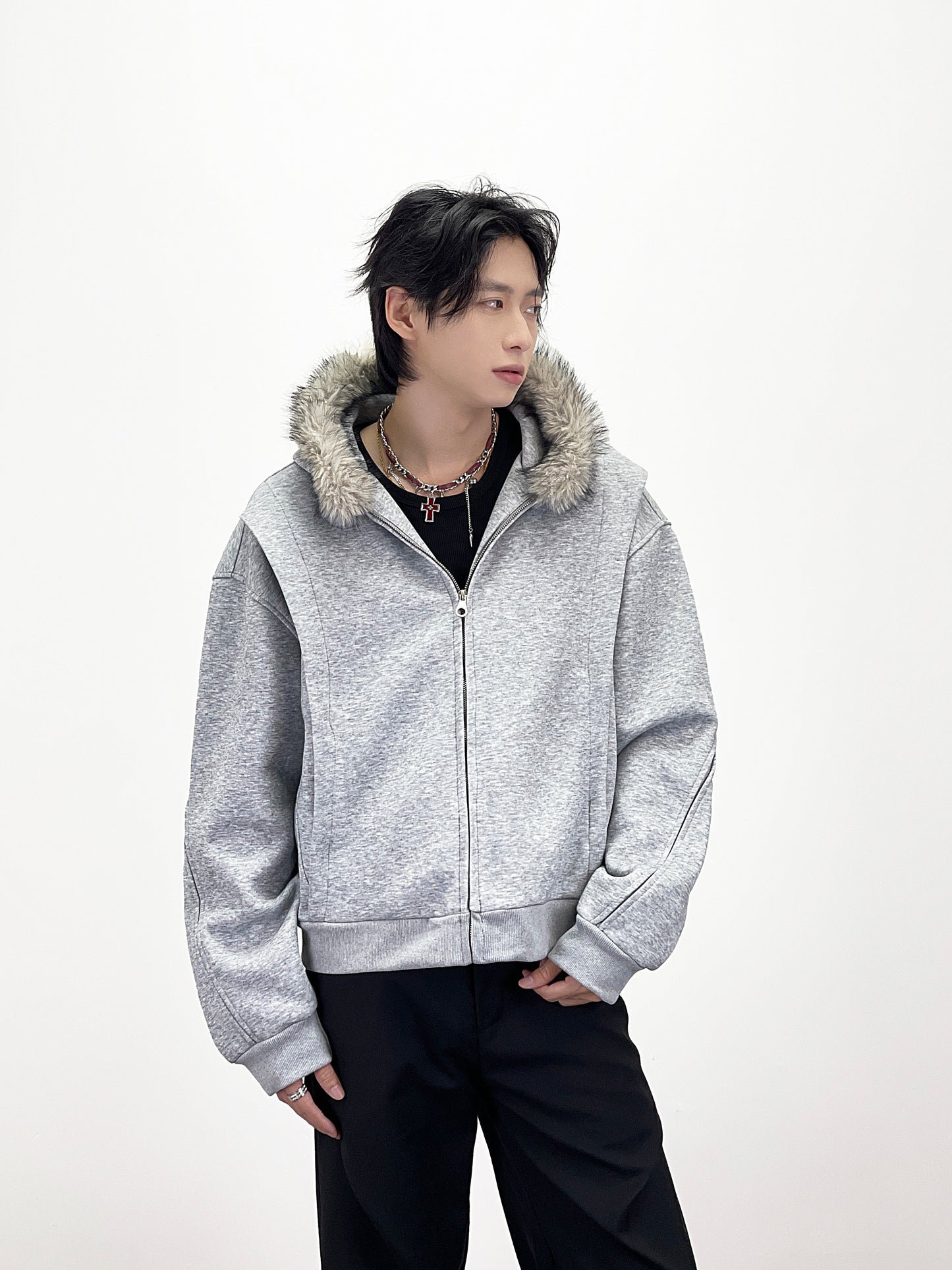Fake Fur Collar Deconstructed Short Length Oversize Hoodie WN24236