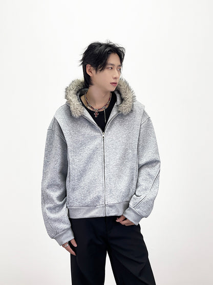 Fake Fur Collar Deconstructed Short Length Oversize Hoodie WN24236