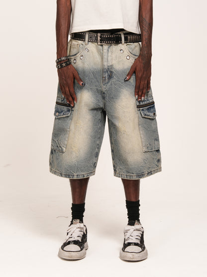 Washed Zip Cargo Denim Half Jeans WN26643