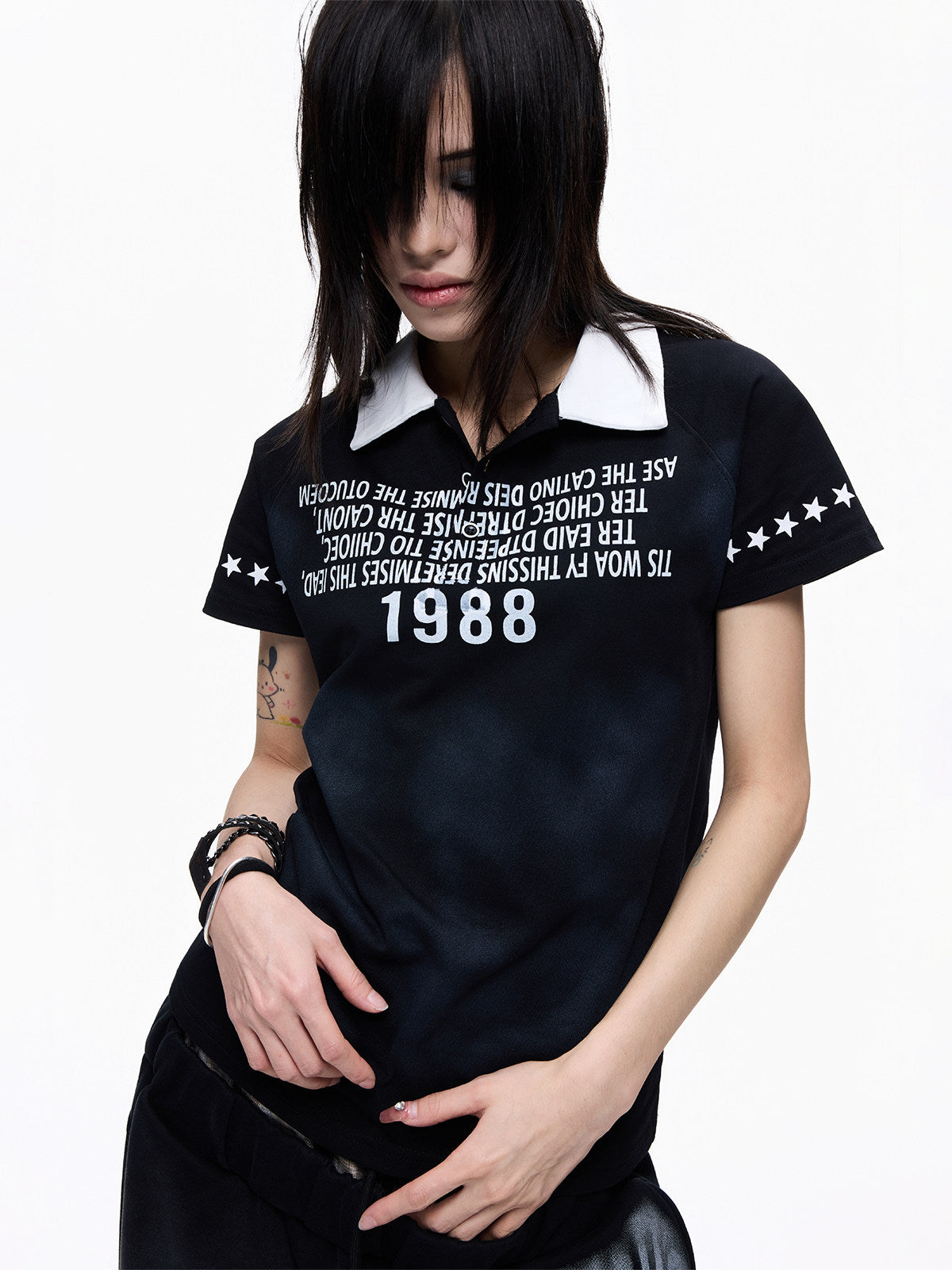 Polo Collar Washed Print Short Sleeve T-Shirt WN27283