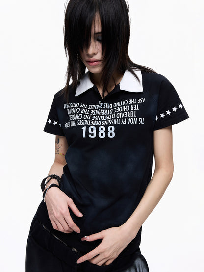 Polo Collar Washed Print Short Sleeve T-Shirt WN27283