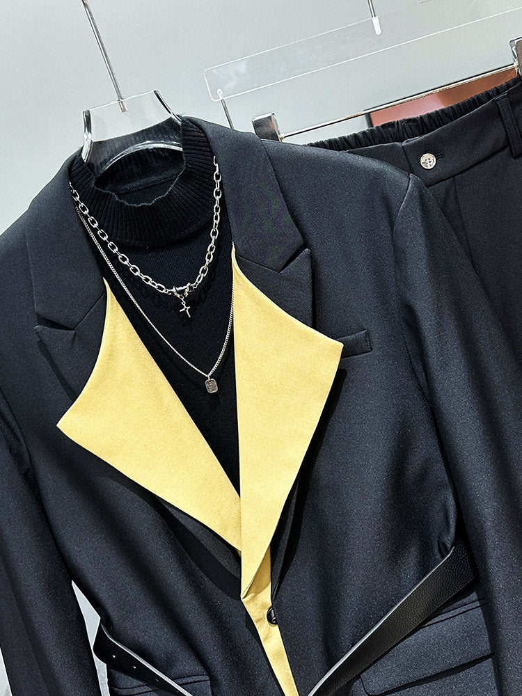Patchwork Color Block Fake Layered Tailored Jacket & Straight Trousers Setup WN23926