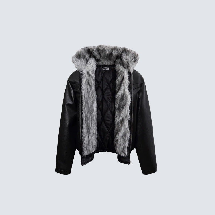 Fake Fur Collar Studs Detail PU Leather Jacket WN28095