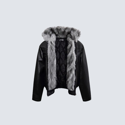Fake Fur Collar Studs Detail PU Leather Jacket WN28095