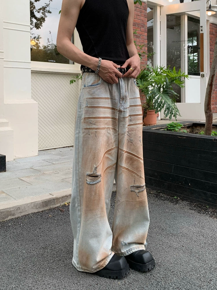 Mud Dye Damage Wash Wide Leg Denim Jeans WN19921