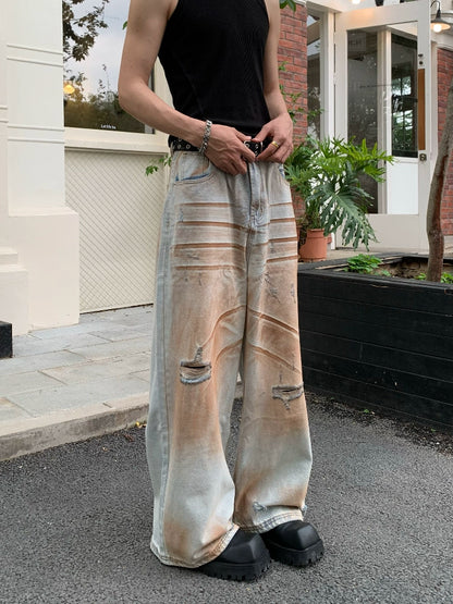 Mud Dye Damage Wash Wide Leg Denim Jeans WN19921