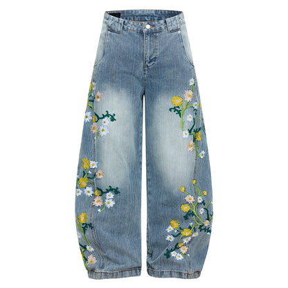 Floral Embroidery Wide Leg Denim Jeans WN23570