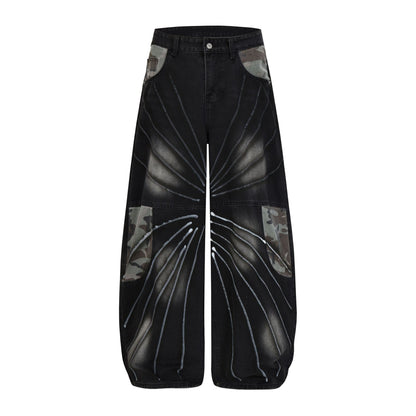 Butterfly Print Camouflage Wide Leg Denim Jeans WN25492