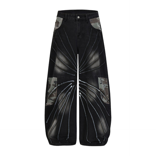 Butterfly Print Camouflage Wide Leg Denim Jeans WN25492