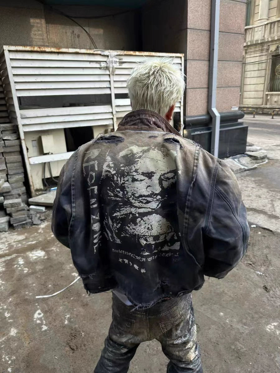 Graphic Art Print Damege Denim Jacket WN19685