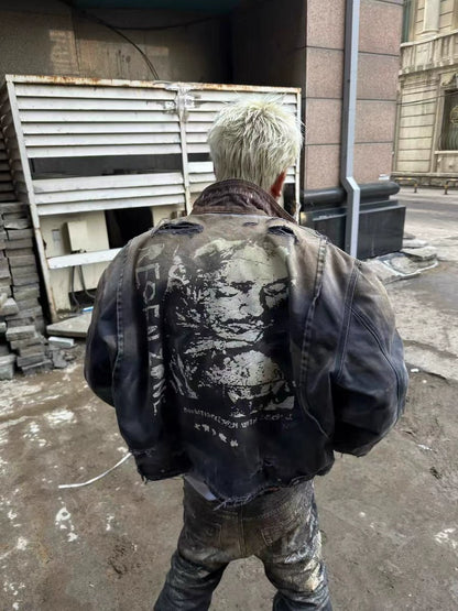 Graphic Art Print Damege Denim Jacket WN19685