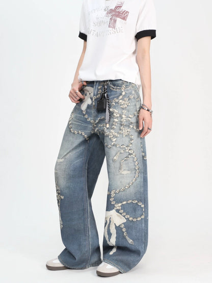 Crystal Chain Detail Wide-Leg Denim Jeans WN24418