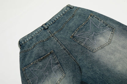 Star Patch Rivet Wide Leg Denim Jeans WN25585