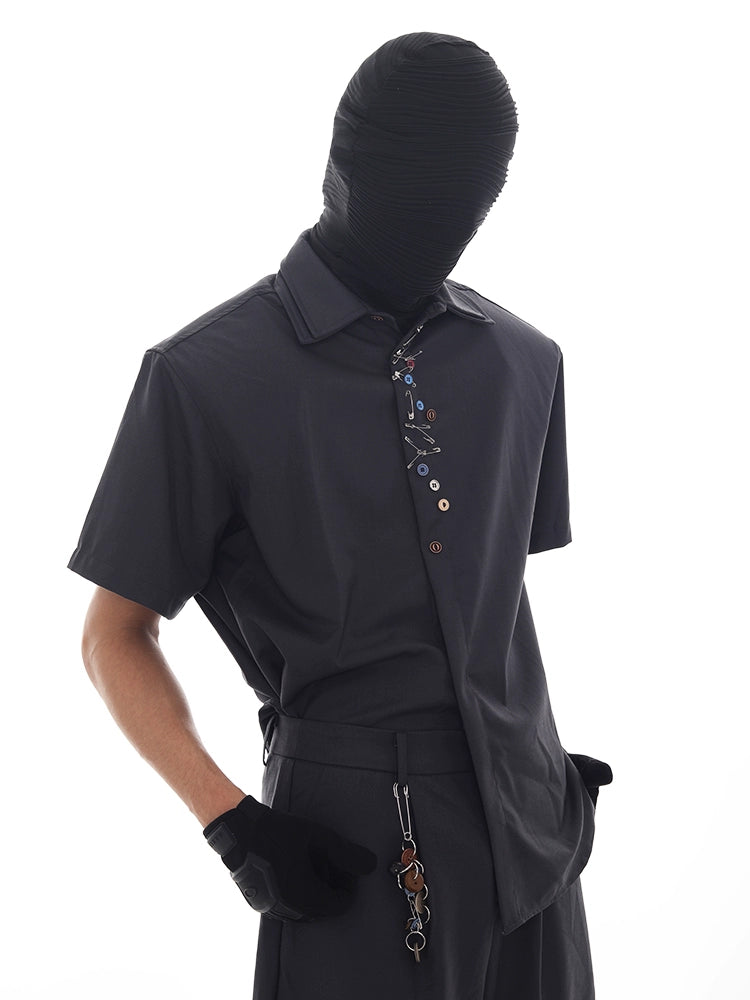 Double Collar Pin Decor Shoulder-Pad Short Sleeve Shirt & Ttrousers Setup WN18621