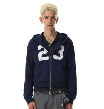 Cropped Number Graphic Zipper Hoodie WN27966