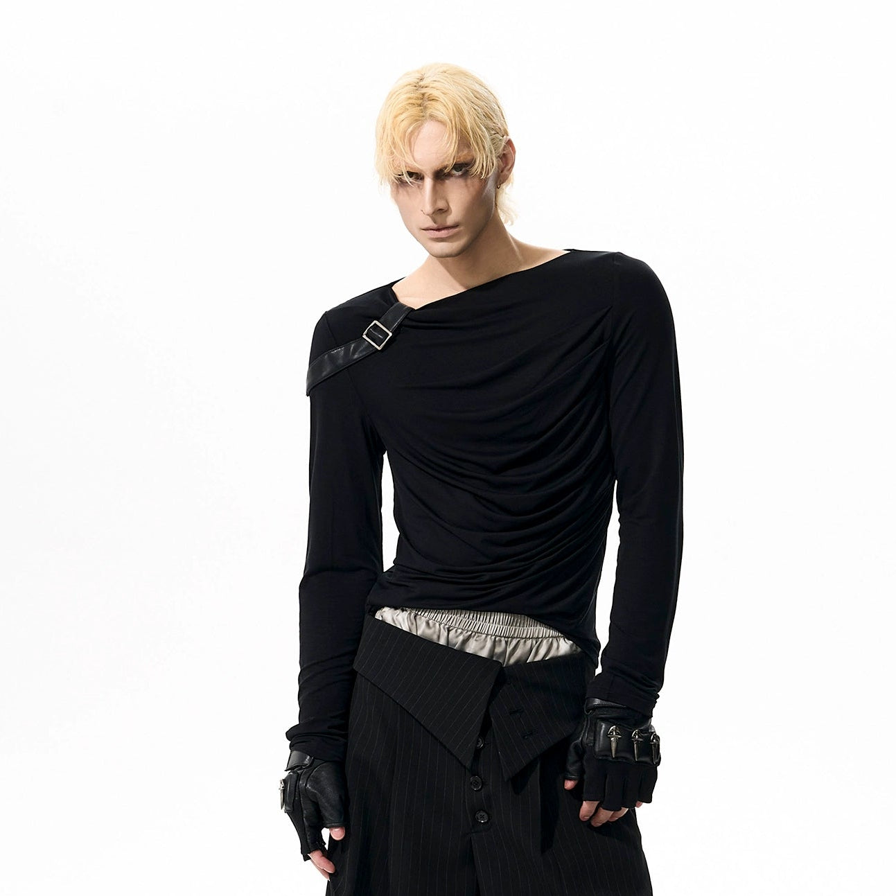 Crinkled PU Leather Design Long Sleeve T-Shirt WN21768