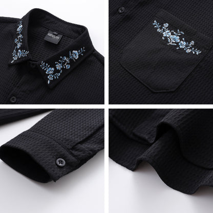 Waffle Floral Embroidery Oversize Long Sleeve Shirt WN26811