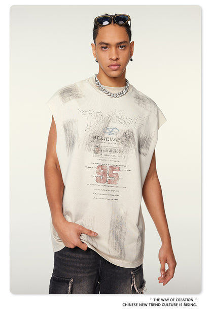 Washed Damage Print Oversize Tank Top T-shirt WN6391