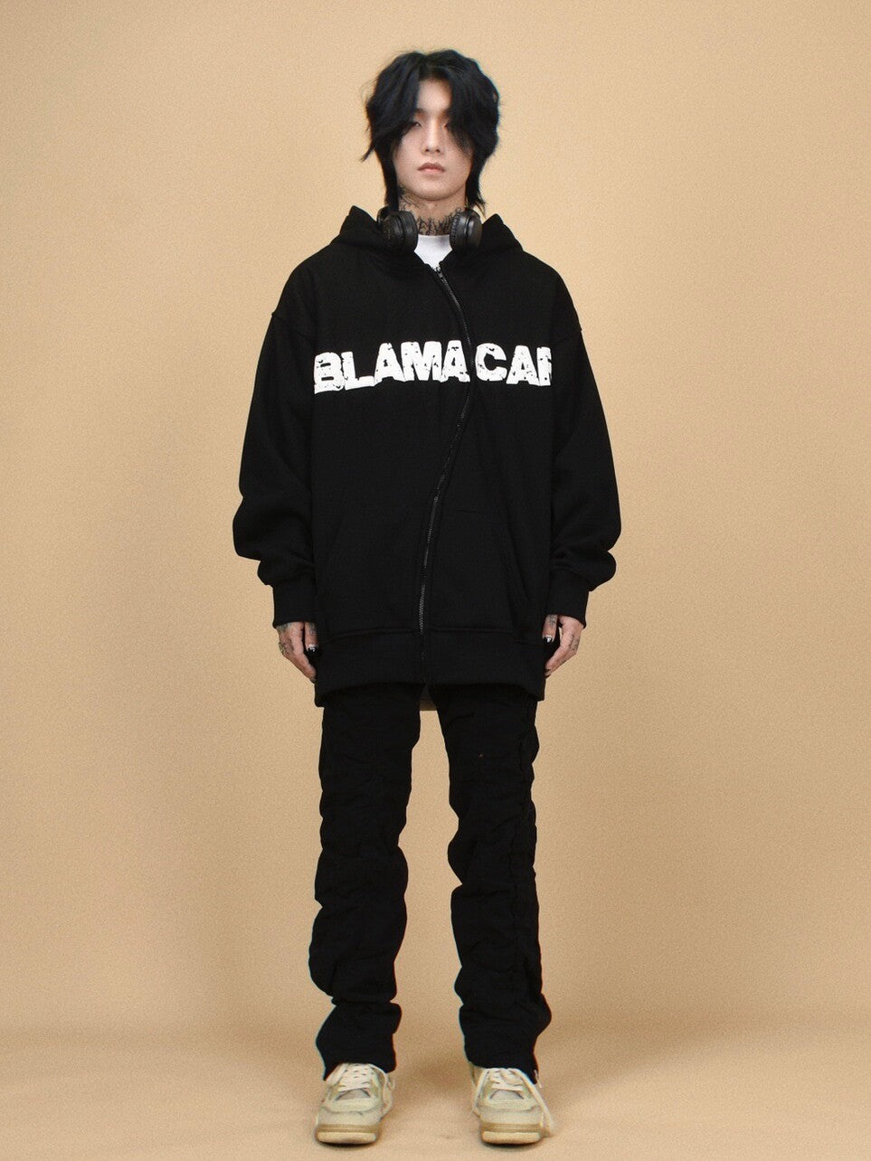 Asymmetrical Zipper Graphic Print Fleece-Lined Oversize Hoodie WN24407