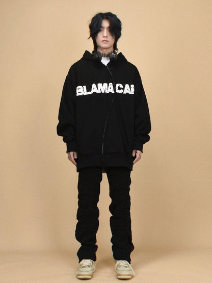 Asymmetrical Zipper Graphic Print Fleece-Lined Oversize Hoodie WN24407