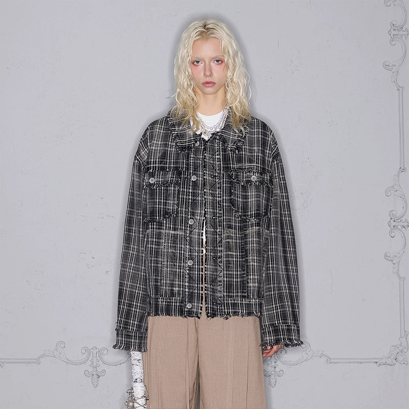Washed Tassel Raw Edge Plaid Denim Jacket WN17851