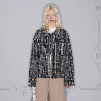 Washed Tassel Raw Edge Plaid Denim Jacket WN17851