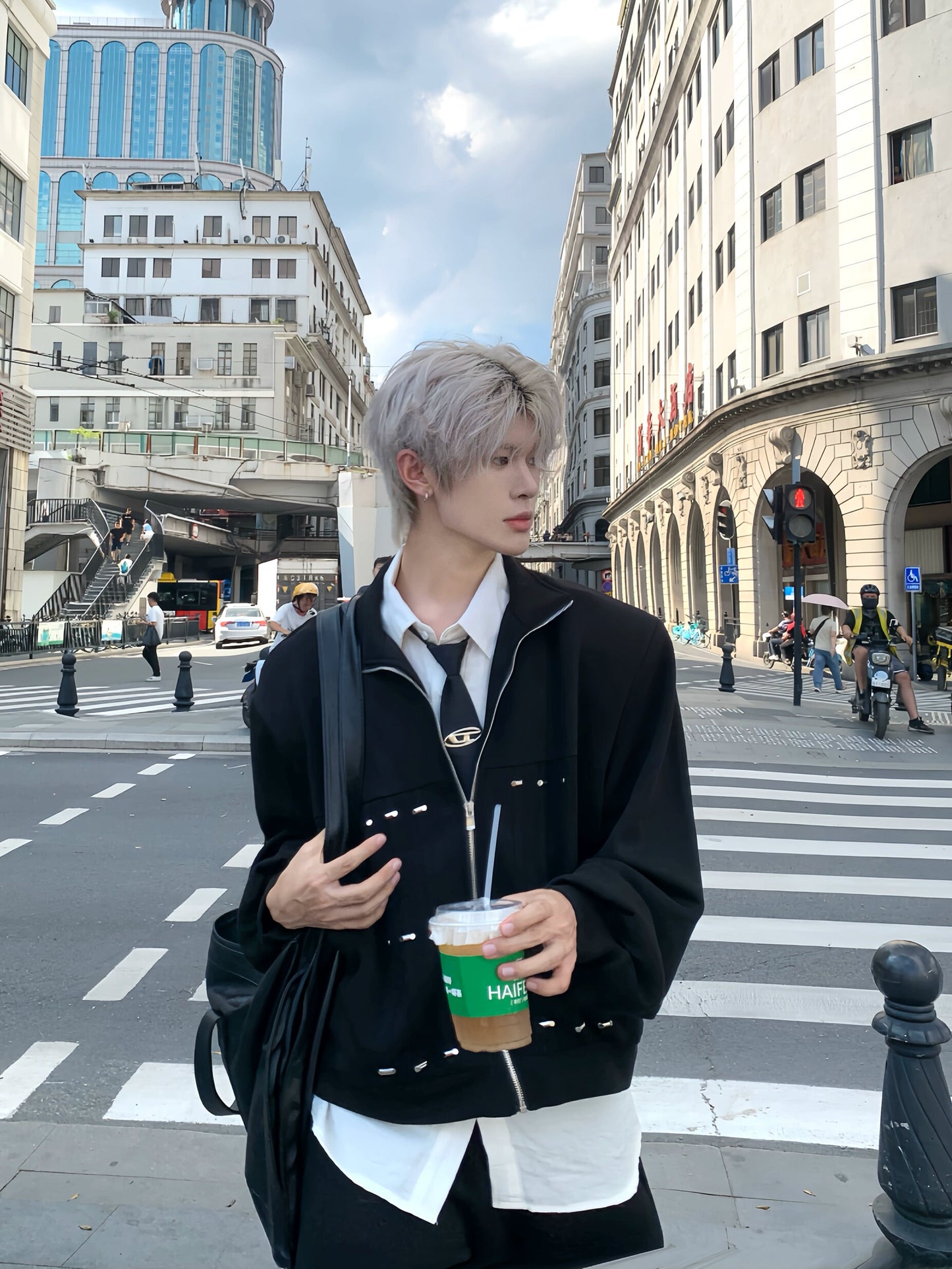 Shoulder-Pad Cropped Zipper Jacket & Wide Leg Jogger Pants Setup WN19903