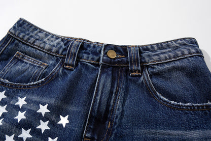 Star Print Curved Wide Leg Denim Jeans WN25727
