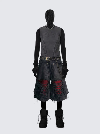 Fake Layered Damage Frayed Wide Leg Denim Half Jeans WN28067