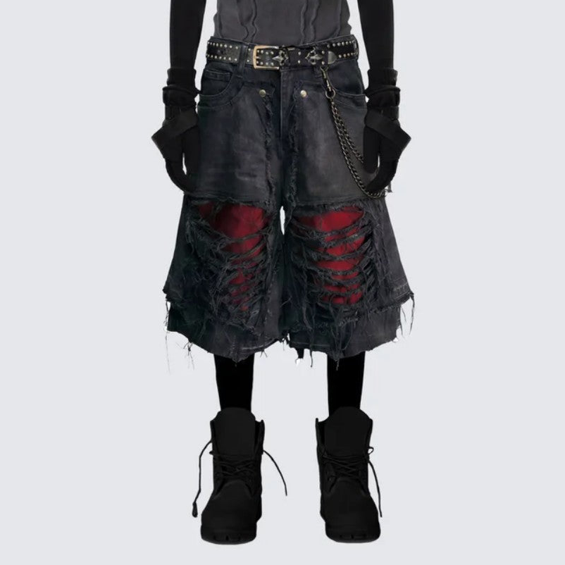 Fake Layered Damage Frayed Wide Leg Denim Half Jeans WN28067