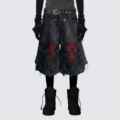 Fake Layered Damage Frayed Wide Leg Denim Half Jeans WN28067