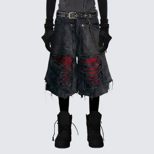 Fake Layered Damage Frayed Wide Leg Denim Half Jeans WN28067