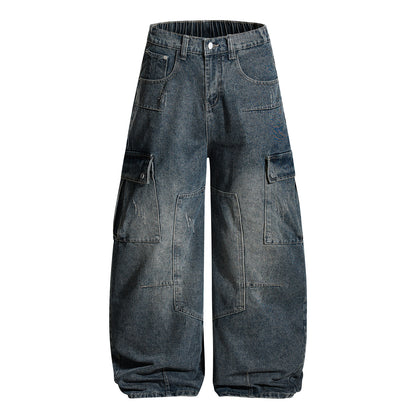 Washed Damage Multi-Pocket Curved Leg Denim Jeans WN26807