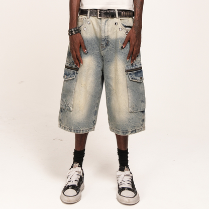 Washed Zip Cargo Denim Half Jeans WN26643
