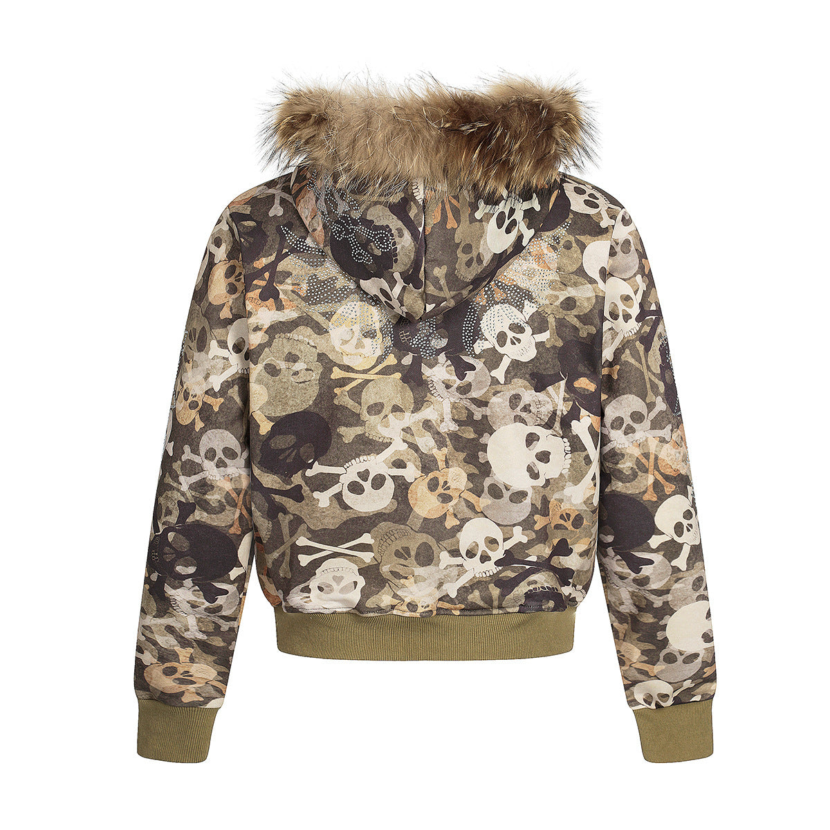 Fake Fur Collar Camouflage Print Rhinestone Zipper Hoodie WN21915