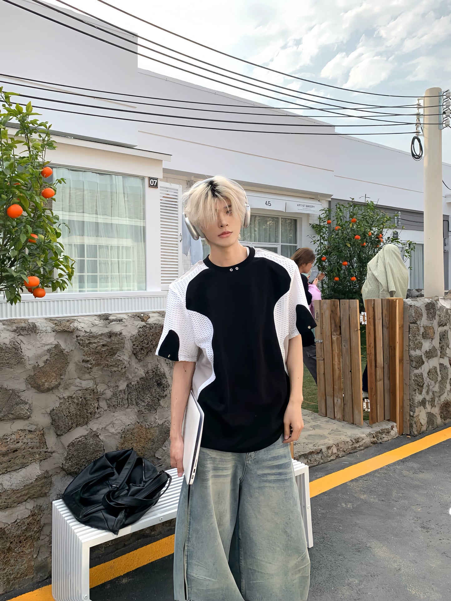 Color Block Panel Sporty Shoulder-Pad Oversize Short Sleeve T-Shirt WN19896