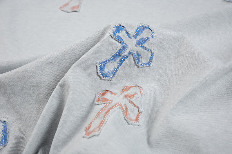 Washed Cross Applique Short Sleeve T-Shirt WN25439