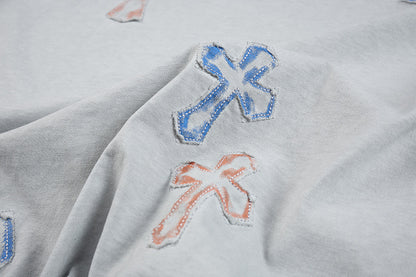 Washed Cross Applique Short Sleeve T-Shirt WN25439