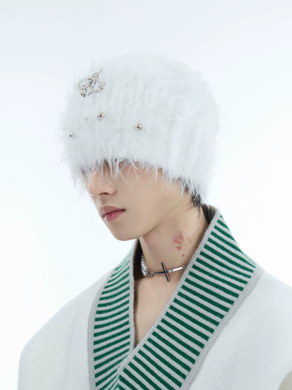 Pearl-Embellished Fuzzy Knit Hat WN10877