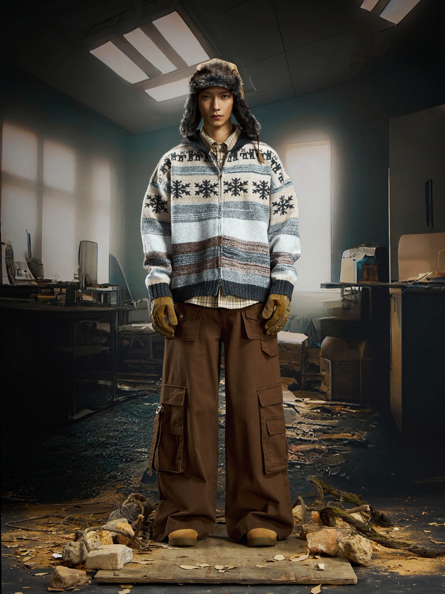 nowflake Contrast Hooded Zipper Knit Cardigan WN22750