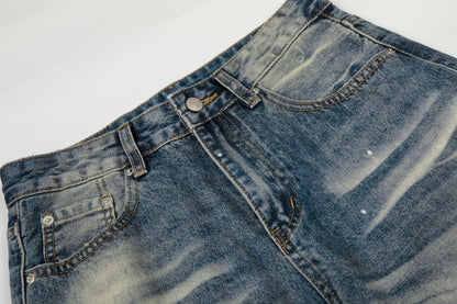 Washed Whisker Paint Splatter Straight Denim Jeans WN26147