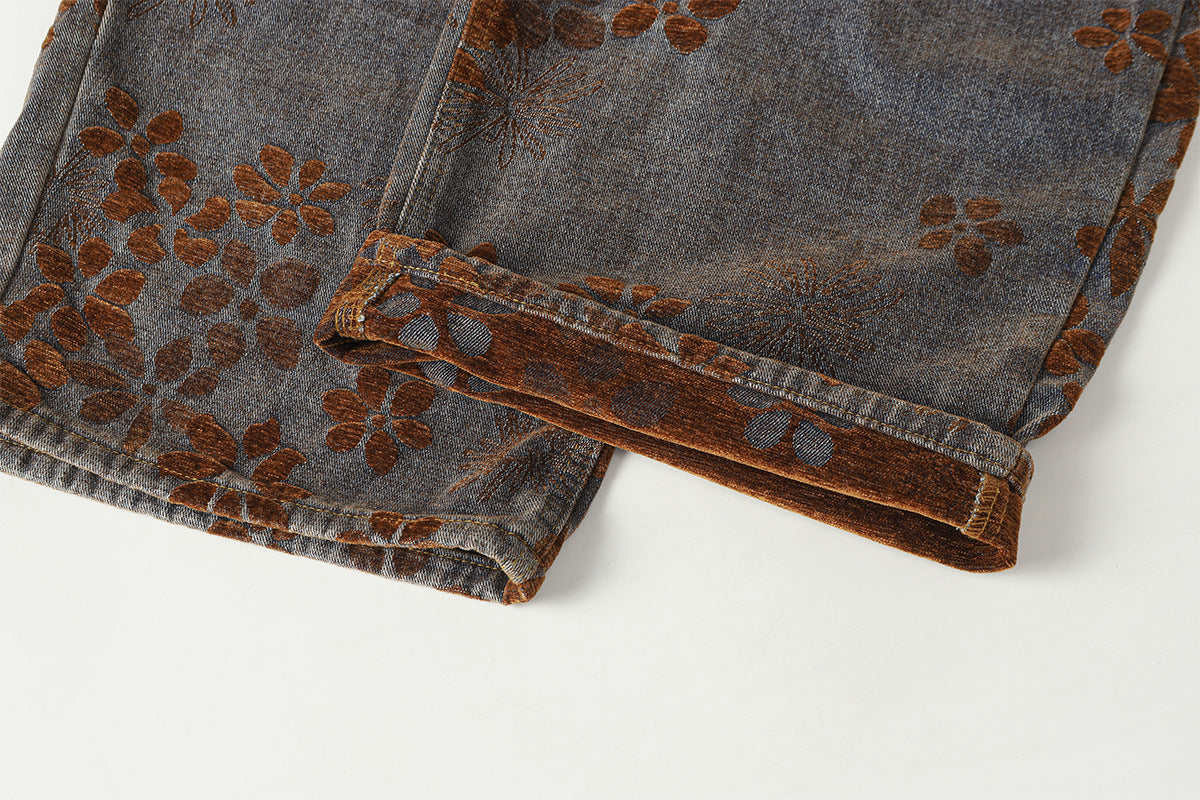 Flocked Wide Leg Curved Denim Jeans WN23031