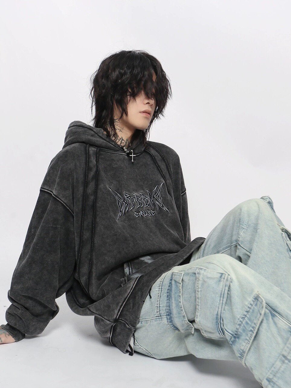 Graphic Print Patchwork Washed Oversize Pullover Hoodie WN24423