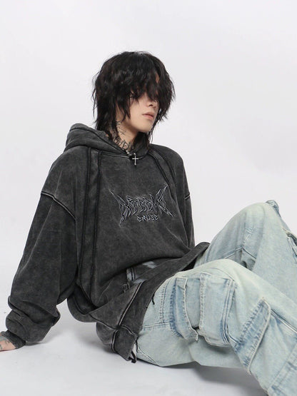 Graphic Print Patchwork Washed Oversize Pullover Hoodie WN24423
