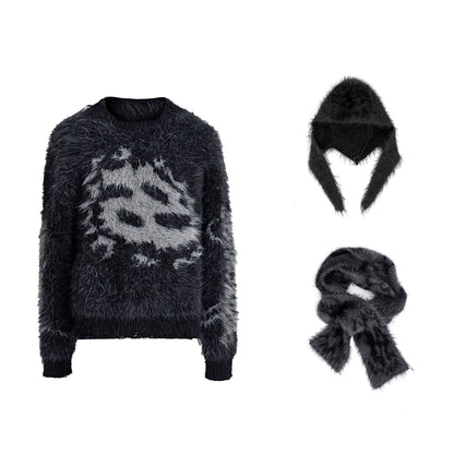 Oversize Shaggy Knit Sweater & Beanie & Scarf 3piece Set WN10562