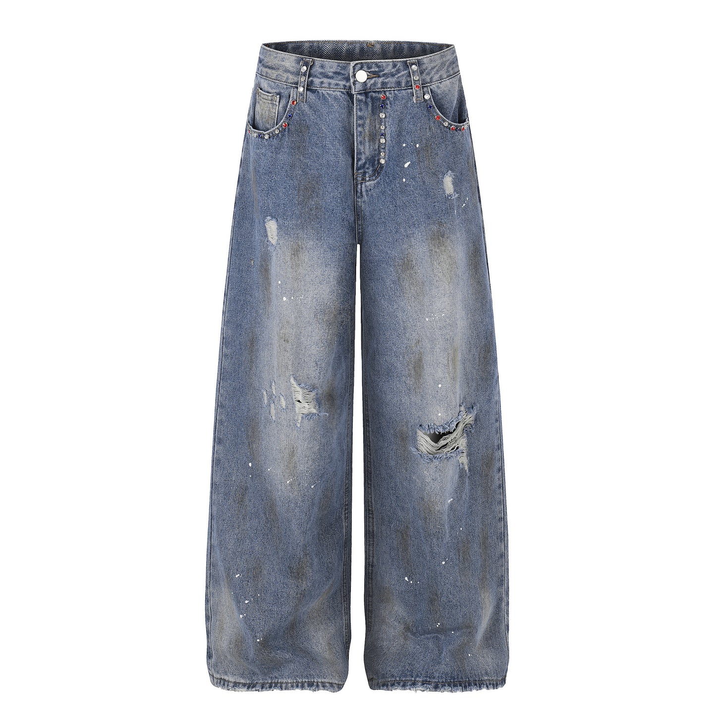 Washed Paint Damage Wide Leg Denim Jeans WN25394