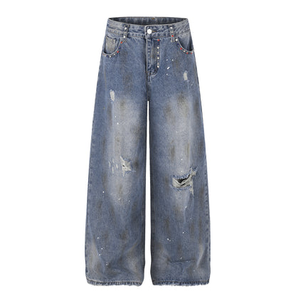 Washed Paint Damage Wide Leg Denim Jeans WN25394